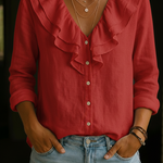 Women's Ruffled Collar Linen And Cotton Shirt