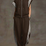 Women's Solid Color Stand-collar Short-sleeved Casual Loose Cotton Top And High-waisted Wide-leg Cotton Pants Set.