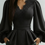 Elegant Lace-paneled Ruffled Hem Denim Shirt