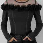 Fashionable Patchwork Mesh Organza Ruffled Denim Top
