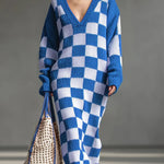 Women's Plaid Print V-neck Long-sleeved Casual Loose Knit Dress