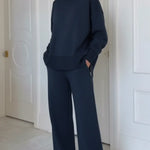 Casual Travel Stand Collar Side Zipper Top Straight Pants Two-Piece Set