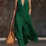 Stylish V-neck Long Shirt And Wide-leg Pant Linen Two-piece Set