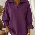 Retro Cozy Polo Collar Lantern Sleeve Linen Shirt Top