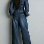 Women's Off-the-shoulder Long-sleeved Casual Loose Denim Top And High-waisted Wide-leg Jeans Set.