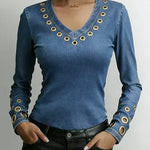 Women's Denim-look V-neck Long-sleeved Casual Loose-fitting Top