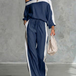 Women's Square-neck Off-the-shoulder Long-sleeved Loose-fitting Top And Elastic-waist Loose-fitting Wide-leg Pants Cotton And Linen Set.