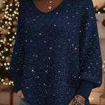 Christmas Sparkling Cozy V-neck Lantern Sleeve Knit Sweater