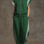 Women's Solid Color Stand-collar Short-sleeved Casual Loose Cotton Top And High-waisted Wide-leg Cotton Pants Set.