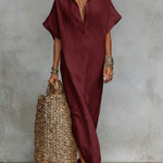Women's Solid Color Collared Short-sleeved Casual Loose Linen Dress