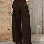 Women's Solid Color High-waisted Pleated Casual Loose Cotton And Linen Wide-leg Pants
