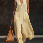 Stylish V-neck Long Shirt And Wide-leg Pant Linen Two-piece Set