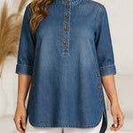 Women's Round Neck 3/4 Sleeve Casual Button-up Loose Denim Top