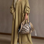 Women's Solid Color Round Neck Long-sleeved Loose-fitting Waffle Knit Casual Dress