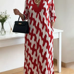 Elegant Art Print Color Block Trim V-neck Midi Dress