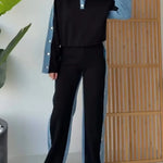 Women's Color-blocked Cardigan Collar Long-sleeved Casual Loose Top And High-waisted Casual Loose Color-blocked Wide-leg Pants S