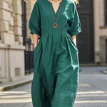 Women's V-neck 3/4 Sleeve Casual Loose Cotton And Linen Dress