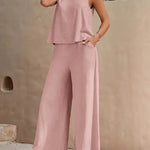 Women's Casual Crew Neck Top And Wide-leg Pants Set