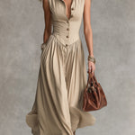 Women's Solid Color Collared Sleeveless Casual Loose Cotton Linen Dress