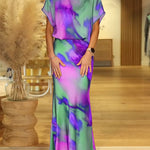 Women's Colorful Tie-patter Pattern Round Neck Short Sleeve Casual Loose Top And High Waist Slim Fit Satin Set