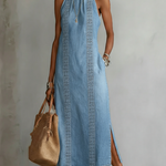 Retro Cozy Lace Print Denim Midi Dress