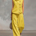 Women's Solid Color Stand-collar Sleeveless Casual Loose Cotton Top And High-waisted Loose Wide-leg Pants Set.