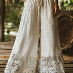 Women's Solid Color High-waisted Drawstring Wide-leg Pants With Cotton And Linen Lace Trim