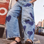 Women's Vintage Love Pattern Art Print Casual Cotton Denim Jeans