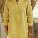 Romantic Floral Embroidered Henley Collar Split Hem Shirt