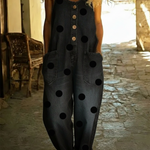 Artistic Polka Dot Print Button-up Denim Jumpsuit