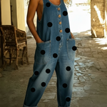 Artistic Polka Dot Print Button-up Denim Jumpsuit