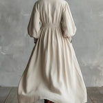 Waist-elastic Linen And Cotton Lantern-sleeved Dress