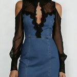 Women's Stand Collar Long Sleeve Chiffon Patchwork Casual Slim Denim Dress