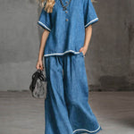 Women's Round Neck Short-sleeved Casual Loose Denim Top And High-waisted Wide-leg Denim Pants Set.