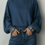 Women's Round Neck Metal Eyelet Cutout Design Casual Loose Long-sleeved Denim Top.