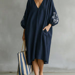 Long-sleeved Linen And Cotton Dress With Printed Cuffs And V-neck.