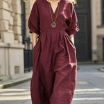 Women's V-neck 3/4 Sleeve Casual Loose Cotton And Linen Dress