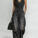 Women's V-neck Sleeveless Casual Loose Denim Wide-leg Jumpsuit