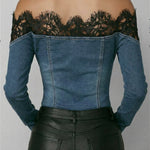 Fashionable Patchwork Lace Denim Top