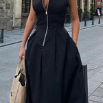 Women's Casual Zippered Maxi Sleeveless Dress