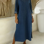 Women's New Spring Collection V-neck Long-sleeved Casual Loose Denim Dress With Side Slits.