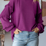 Women's Lantern Sleeve Round Neck Lace Sleeve Pullover Top