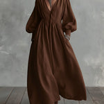 Waist-elastic Linen And Cotton Lantern-sleeved Dress