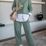 Women's Solid Color Round Neck Long-sleeved Casual Loose Knit Sweater And High-waisted Solid Color Casual Wide-leg Pants Set.