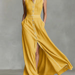 Women's Collared Sleeveless Casual Loose Long Cotton Linen Dress