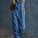 Women's Stand-collar Sleeveless Casual Loose Denim Wide-leg Jumpsuit
