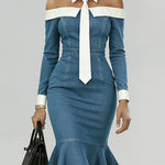 Women's Off-the-shoulder Long-sleeved Casual Loose Denim Slim-fit Dress