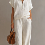 Casual Zippered Stand-collar Top And Straight-leg Pants Knitted Set