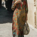 Women's Vintage Floral Pattern Art Print Casual Cotton Linen Dress