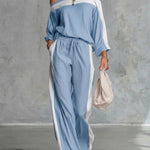 Women's Square-neck Off-the-shoulder Long-sleeved Loose-fitting Top And Elastic-waist Loose-fitting Wide-leg Pants Cotton And Linen Set.